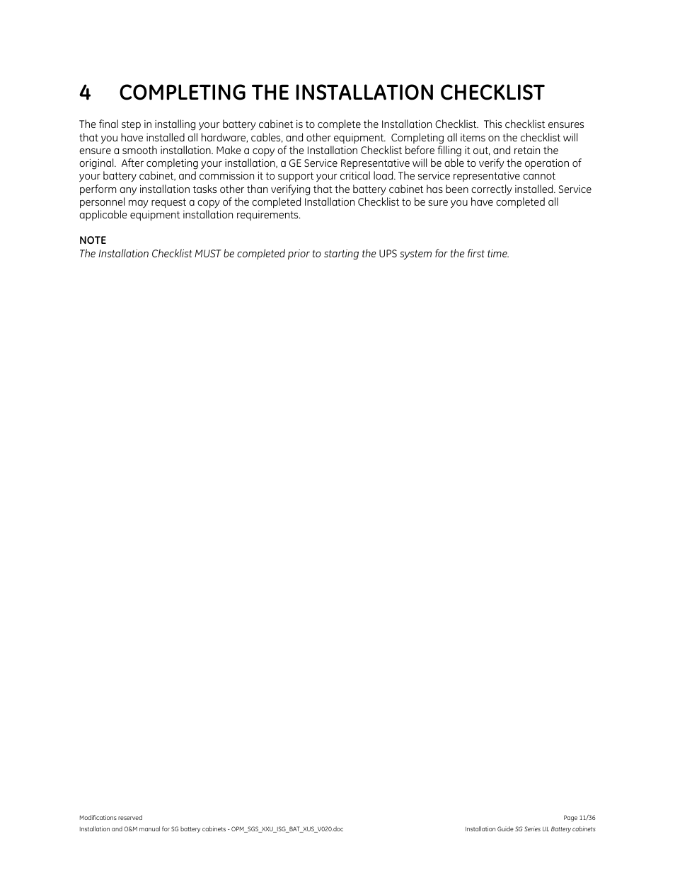 4 completing the installation checklist | GE Industrial Solutions SG Series UL LISTED BATTERY CABINETS User Manual | Page 10 / 36