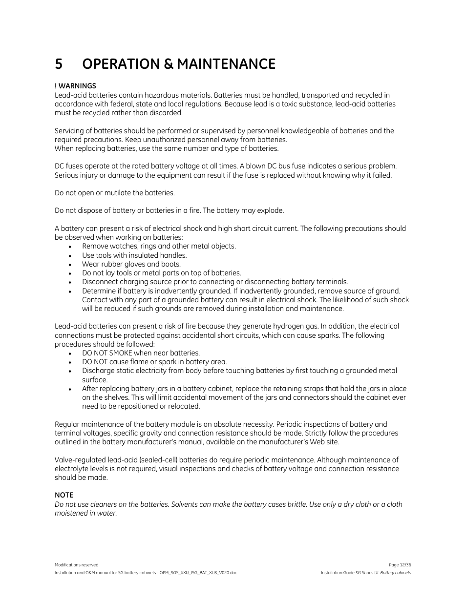 5 operation & maintenance | GE Industrial Solutions SG Series UL LISTED BATTERY CABINETS User Manual | Page 11 / 36