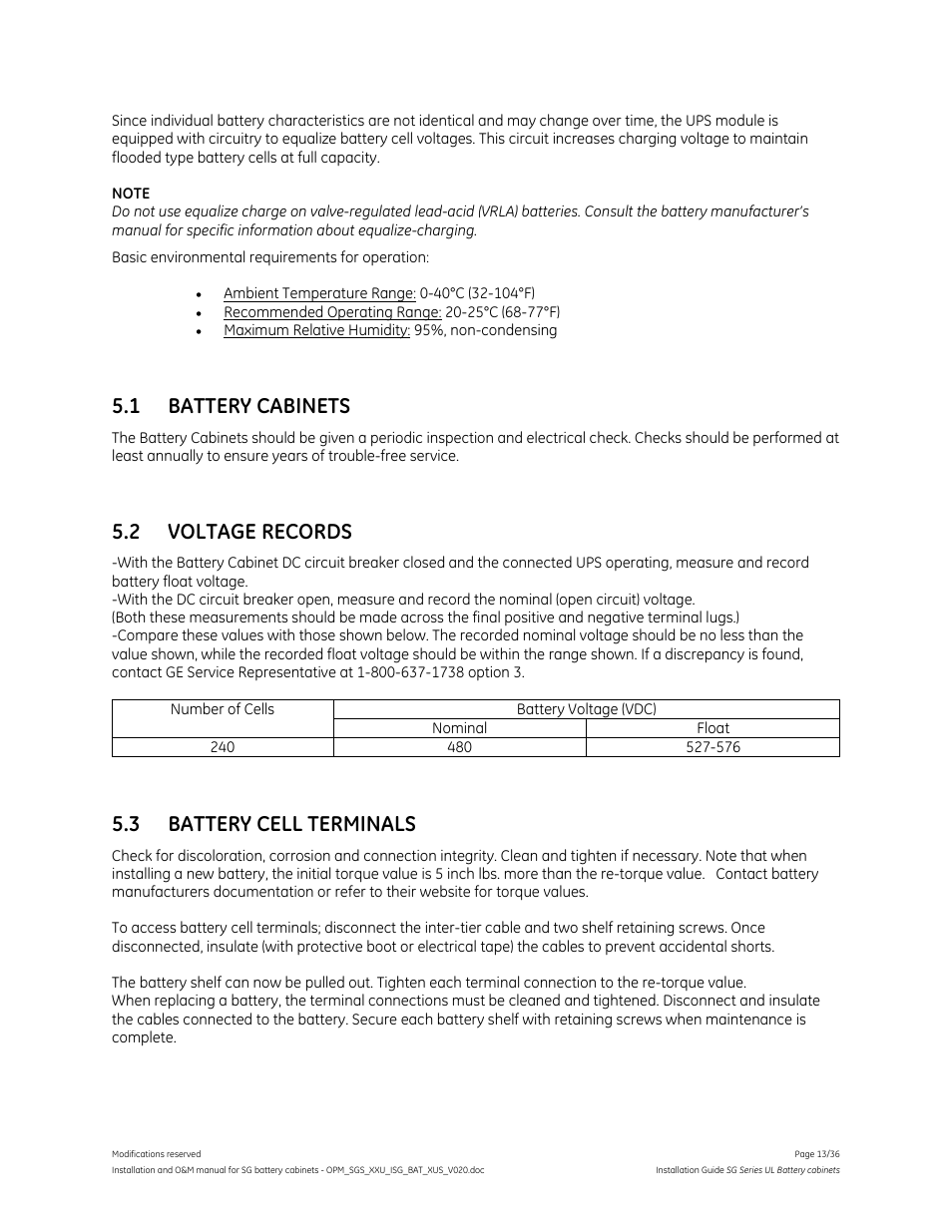 1 battery cabinets, 2 voltage records, 3 battery cell terminals | GE Industrial Solutions SG Series UL LISTED BATTERY CABINETS User Manual | Page 12 / 36