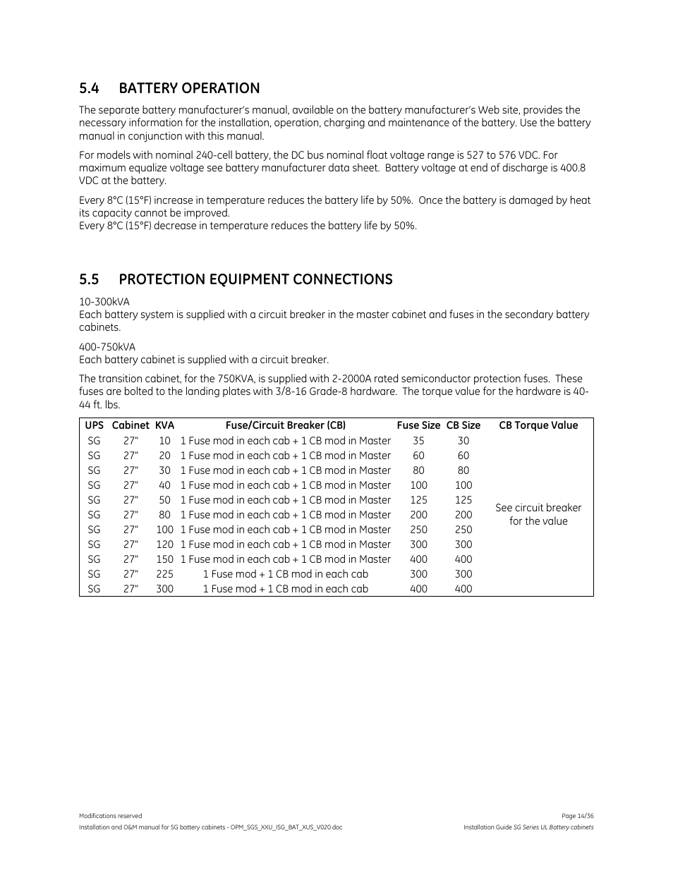 4 battery operation, 5 protection equipment connections | GE Industrial Solutions SG Series UL LISTED BATTERY CABINETS User Manual | Page 13 / 36