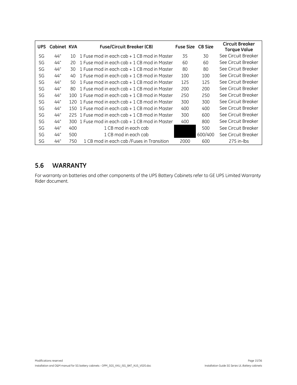 6 warranty | GE Industrial Solutions SG Series UL LISTED BATTERY CABINETS User Manual | Page 14 / 36