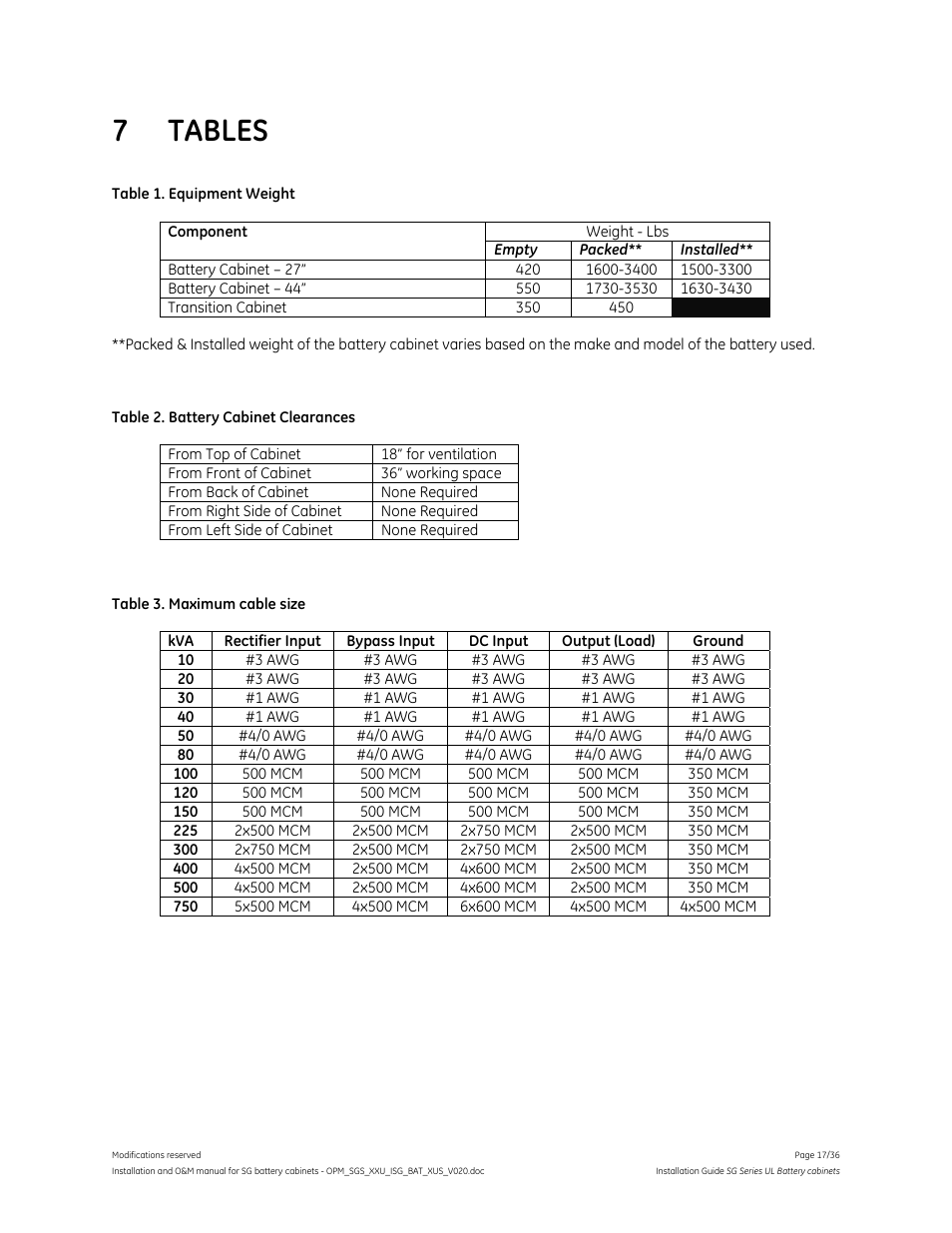 7 tables | GE Industrial Solutions SG Series UL LISTED BATTERY CABINETS User Manual | Page 16 / 36