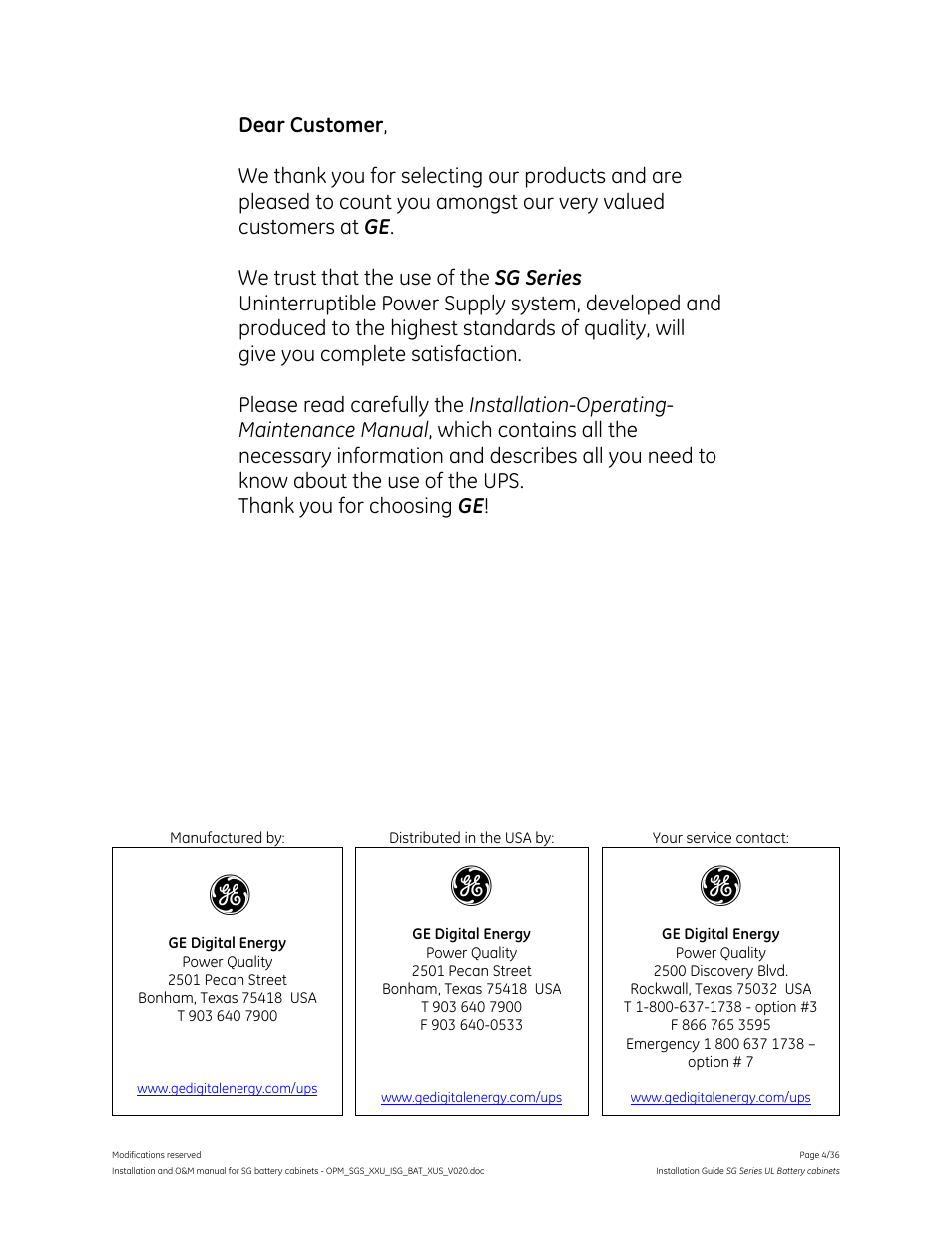GE Industrial Solutions SG Series UL LISTED BATTERY CABINETS User Manual | Page 3 / 36