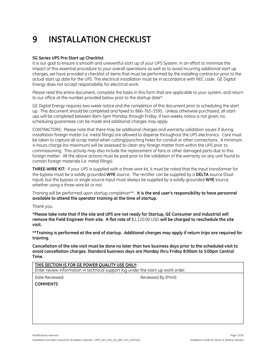 9 installation checklist | GE Industrial Solutions SG Series UL LISTED BATTERY CABINETS User Manual | Page 30 / 36