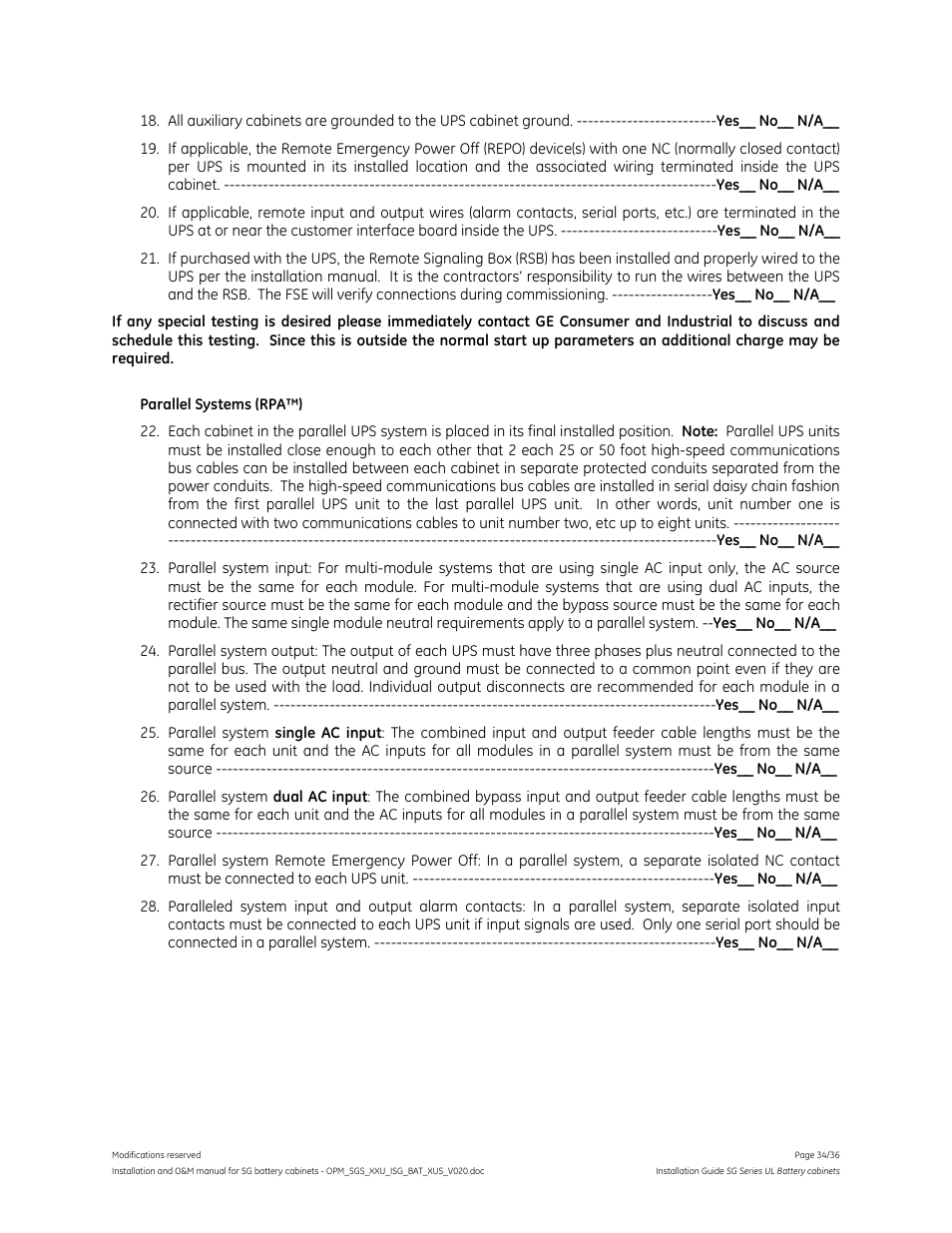 GE Industrial Solutions SG Series UL LISTED BATTERY CABINETS User Manual | Page 33 / 36
