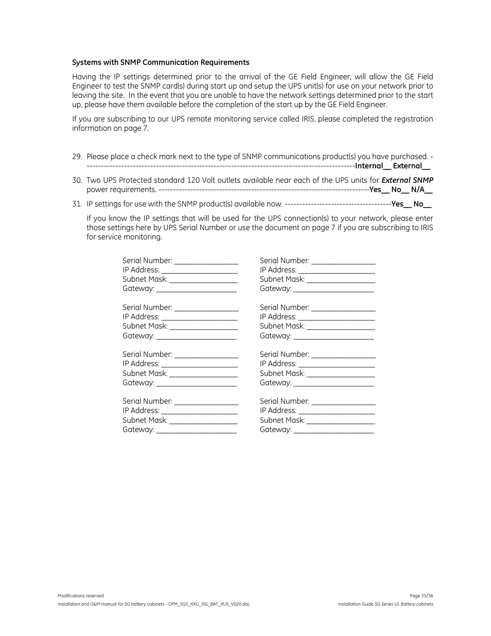 GE Industrial Solutions SG Series UL LISTED BATTERY CABINETS User Manual | Page 34 / 36