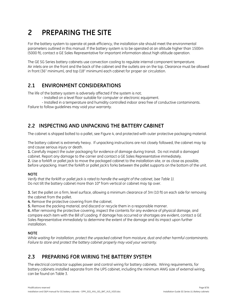 2 preparing the site, 1 environment considerations, 2 inspecting and unpacking the battery cabinet | 3 preparing for wiring the battery system | GE Industrial Solutions SG Series UL LISTED BATTERY CABINETS User Manual | Page 7 / 36