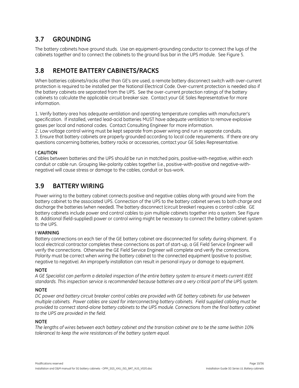 7 grounding, 8 remote battery cabinets/racks, 9 battery wiring | GE Industrial Solutions SG Series UL LISTED BATTERY CABINETS User Manual | Page 9 / 36