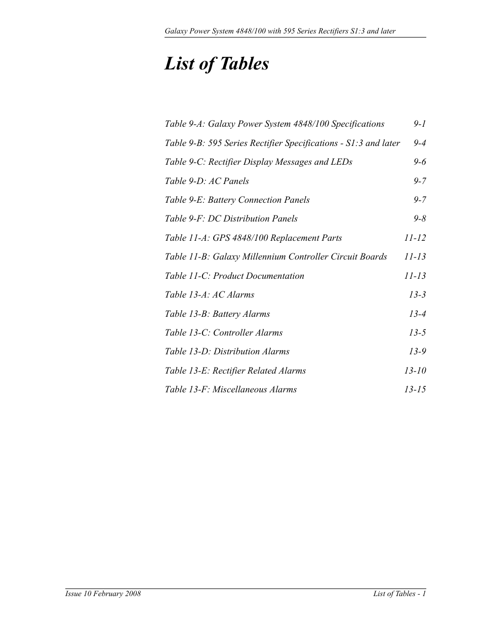 List of tables | GE Industrial Solutions GPS 4848_100 Users Guide (single rectifier shelf) User Manual | Page 13 / 106