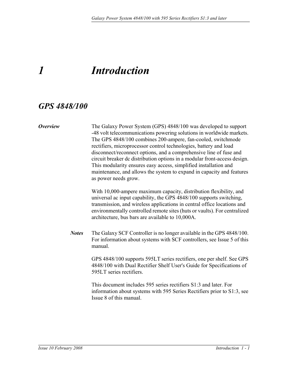 Introduction, Gps 4848/100, Overview | 1 introduction, Overview 1-1, 1introduction | GE Industrial Solutions GPS 4848_100 Users Guide (single rectifier shelf) User Manual | Page 15 / 106