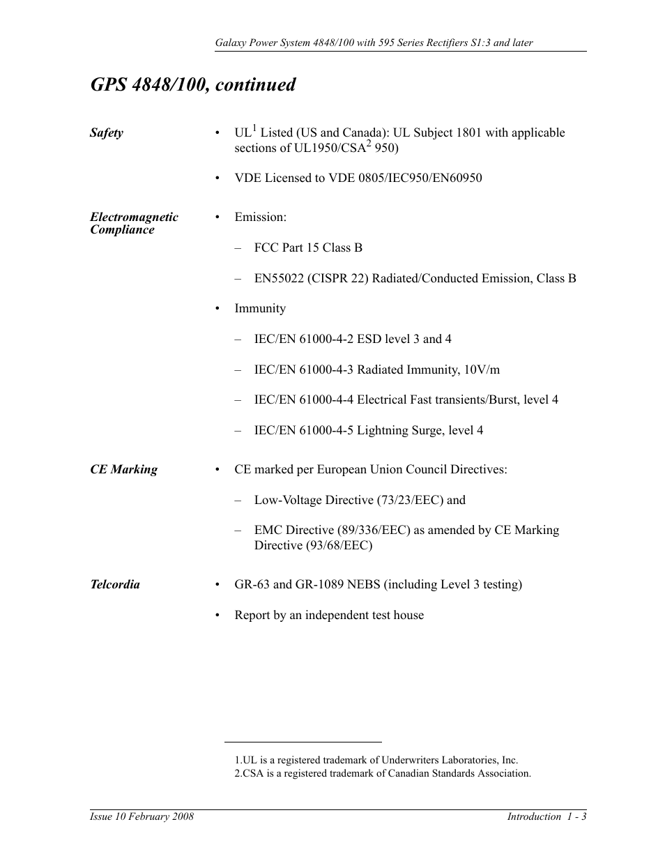 Safety, Electromagnetic compliance, Ce marking | Telcordia, Safety 1-3 electromagnetic compliance, Telcordia 1-3 | GE Industrial Solutions GPS 4848_100 Users Guide (single rectifier shelf) User Manual | Page 17 / 106