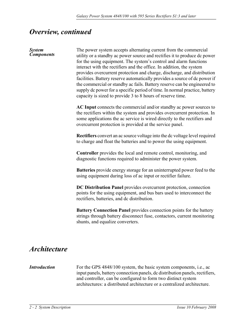 System components, Architecture, Introduction | Introduction 2-2, Overview, continued | GE Industrial Solutions GPS 4848_100 Users Guide (single rectifier shelf) User Manual | Page 20 / 106