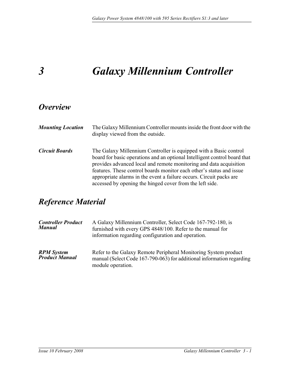 Galaxy millennium controller, Overview, Mounting location | Circuit boards, Reference material, Controller product manual, Rpm system product manual, 3 galaxy millennium controller, Overview 3-1, 3galaxy millennium controller | GE Industrial Solutions GPS 4848_100 Users Guide (single rectifier shelf) User Manual | Page 27 / 106