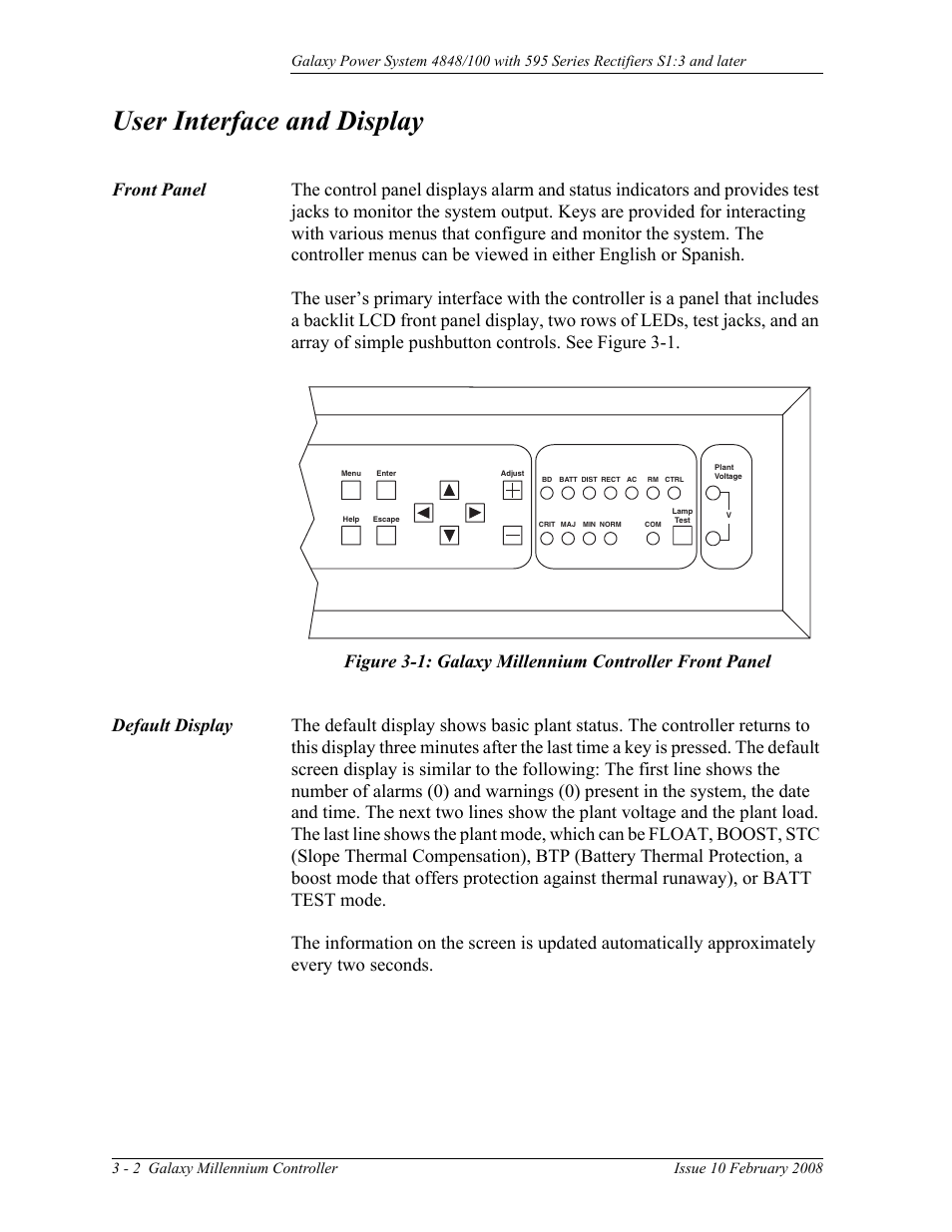 User interface and display, Front panel, Default display | GE Industrial Solutions GPS 4848_100 Users Guide (single rectifier shelf) User Manual | Page 28 / 106