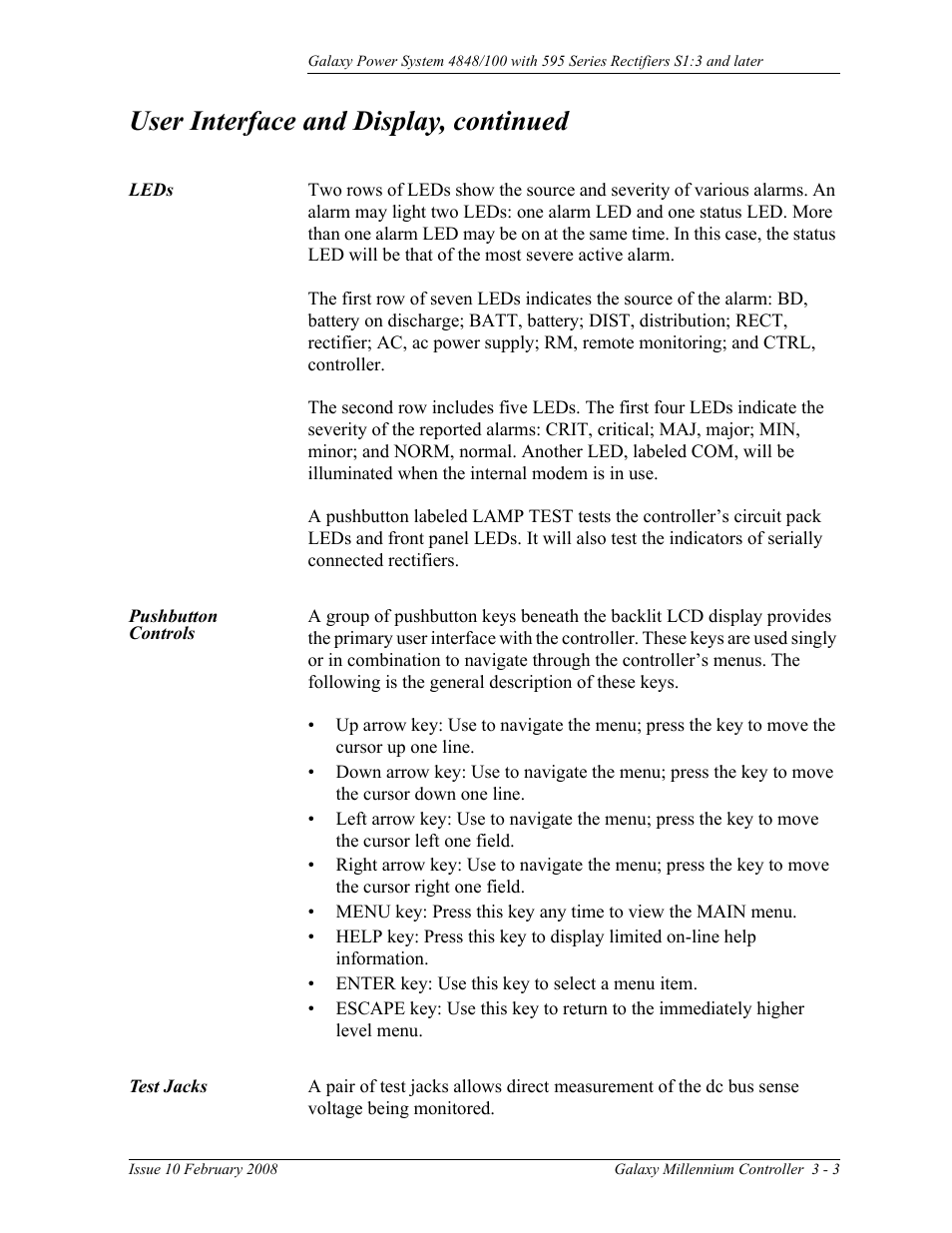 Leds, Pushbutton controls, Test jacks | Leds 3-3 pushbutton controls, User interface and display, continued | GE Industrial Solutions GPS 4848_100 Users Guide (single rectifier shelf) User Manual | Page 29 / 106