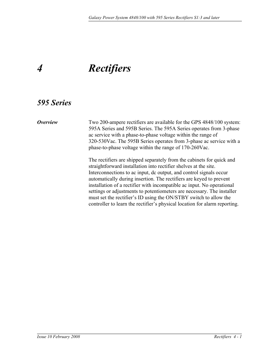 Rectifiers, 595 series, Overview | 4 rectifiers, Overview 4-1, 4rectifiers | GE Industrial Solutions GPS 4848_100 Users Guide (single rectifier shelf) User Manual | Page 31 / 106