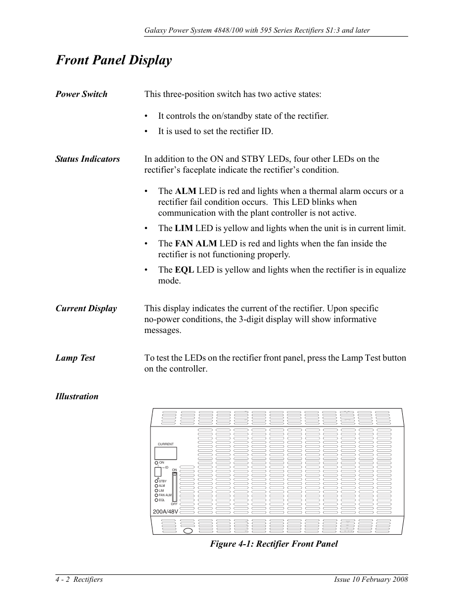 Front panel display, Power switch, Status indicators | Current display, Lamp test, Illustration, Illustration 4-2, Figure 4-1: rectifier front panel | GE Industrial Solutions GPS 4848_100 Users Guide (single rectifier shelf) User Manual | Page 32 / 106