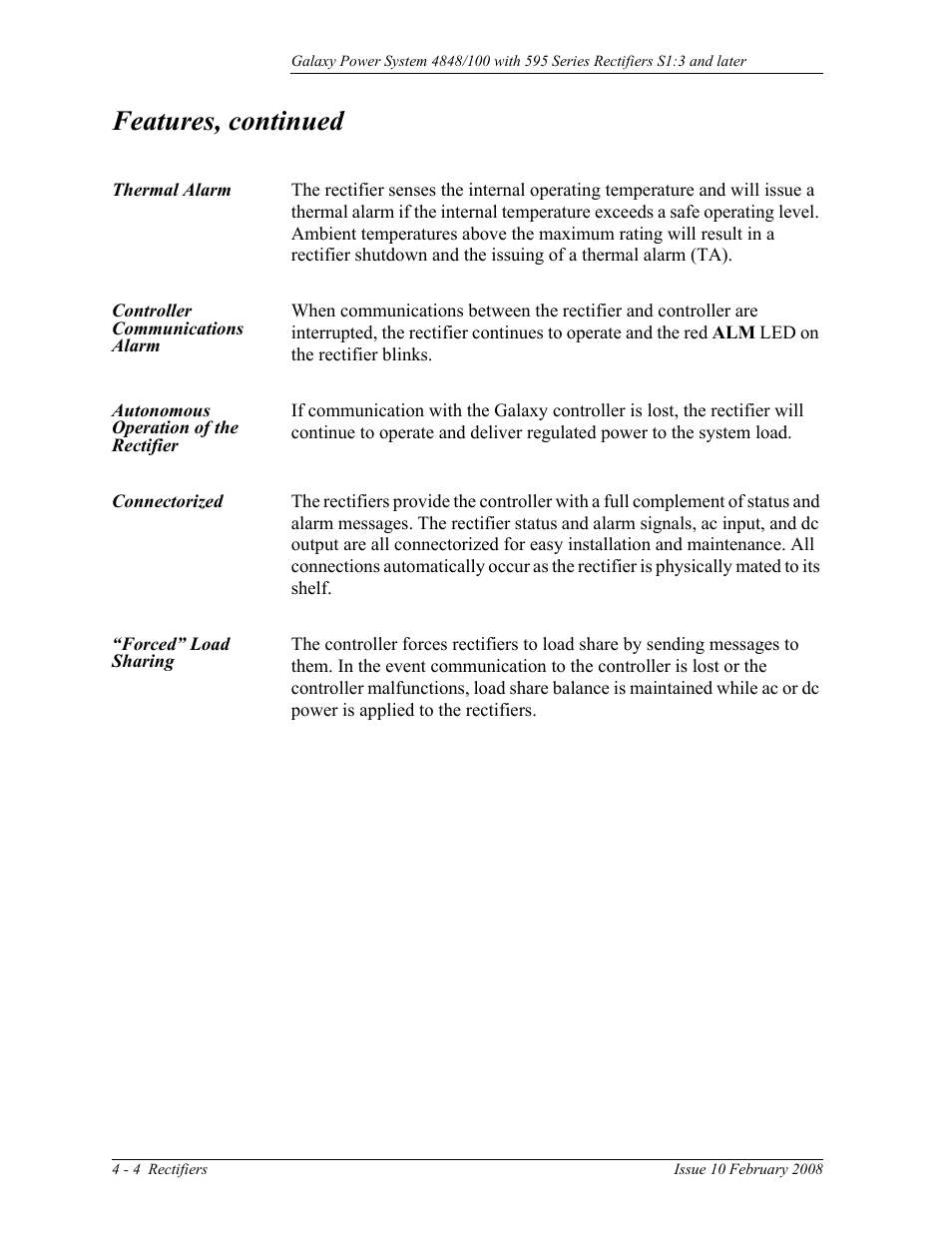 Thermal alarm, Controller communications alarm, Autonomous operation of the rectifier | Connectorized, Forced” load sharing, Connectorized 4-4 “forced” load sharing, Features, continued | GE Industrial Solutions GPS 4848_100 Users Guide (single rectifier shelf) User Manual | Page 34 / 106