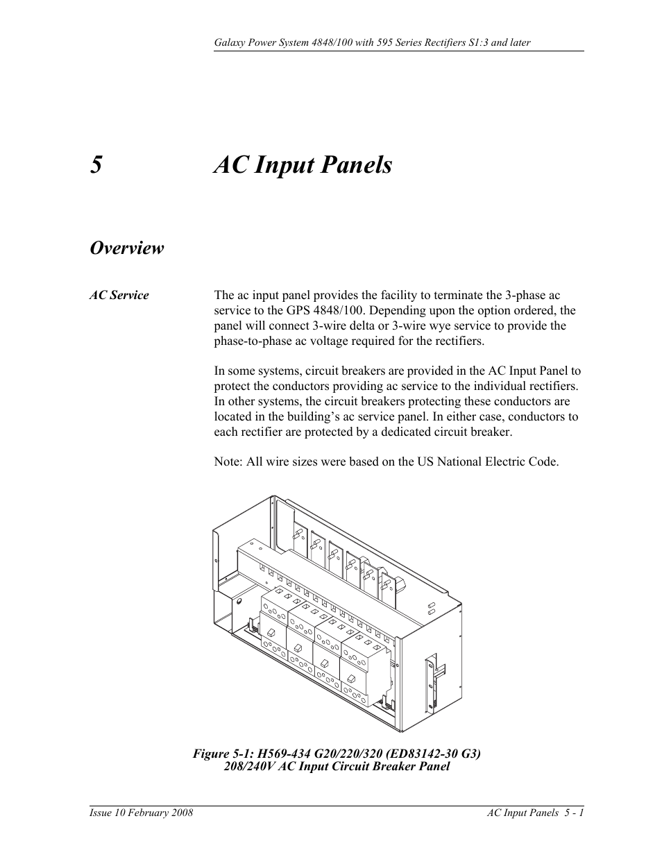 Ac input panels, Overview, Ac service | 5 ac input panels, Overview 5-1, Figure 5-1: h569-434 g20/220/320 (ed83142-30 g3), 208/240v ac input circuit breaker panel, 5ac input panels | GE Industrial Solutions GPS 4848_100 Users Guide (single rectifier shelf) User Manual | Page 35 / 106