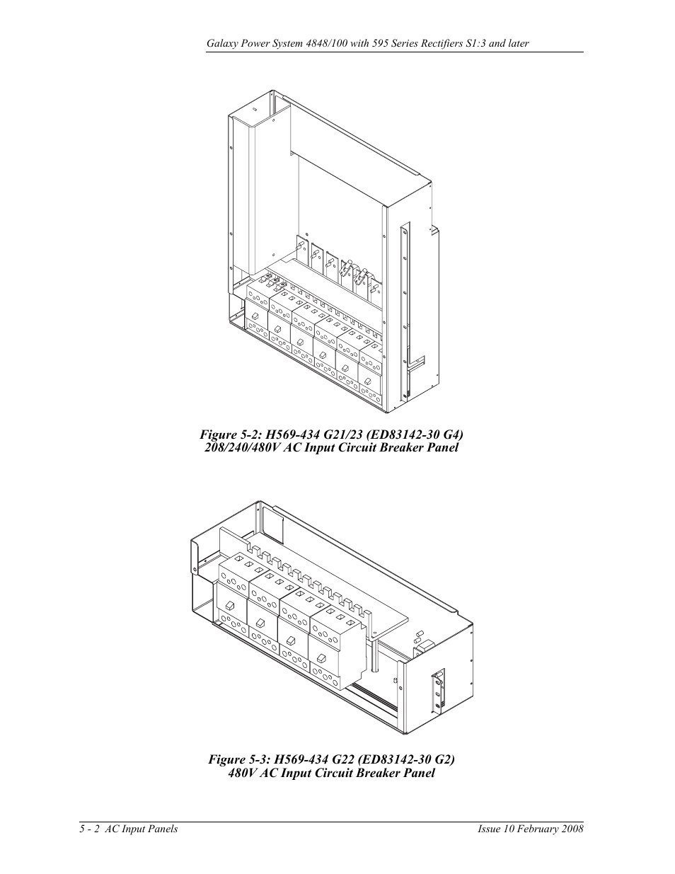 Figure 5-2: h569-434 g21/23 (ed83142-30 g4), 208/240/480v ac input circuit breaker panel, Figure 5-3: h569-434 g22 (ed83142-30 g2) | 480v ac input circuit breaker panel | GE Industrial Solutions GPS 4848_100 Users Guide (single rectifier shelf) User Manual | Page 36 / 106