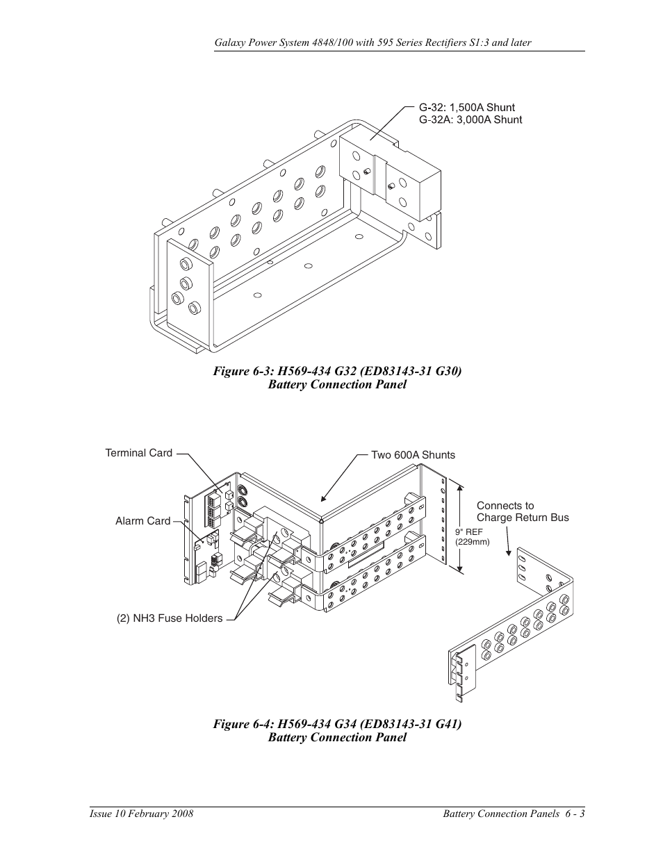 Figure 6-3: h569-434 g32 (ed83143-31 g30), Battery connection panel, Figure 6-4: h569-434 g34 (ed83143-31 g41) | GE Industrial Solutions GPS 4848_100 Users Guide (single rectifier shelf) User Manual | Page 41 / 106