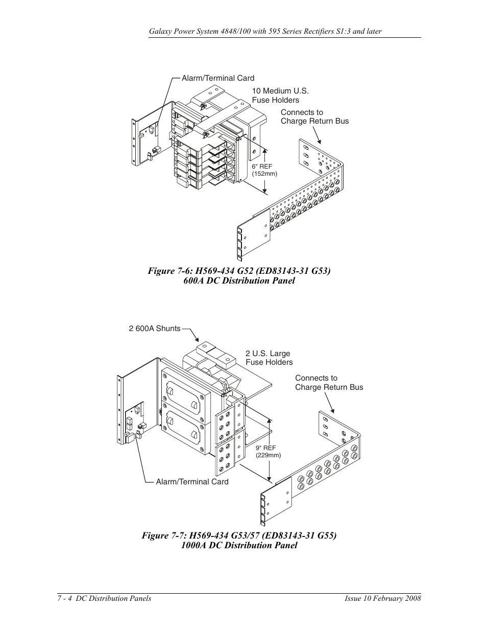 Figure 7-6: h569-434 g52 (ed83143-31 g53), 600a dc distribution panel, Figure 7-7: h569-434 g53/57 (ed83143-31 g55) | 1000a dc distribution panel | GE Industrial Solutions GPS 4848_100 Users Guide (single rectifier shelf) User Manual | Page 48 / 106