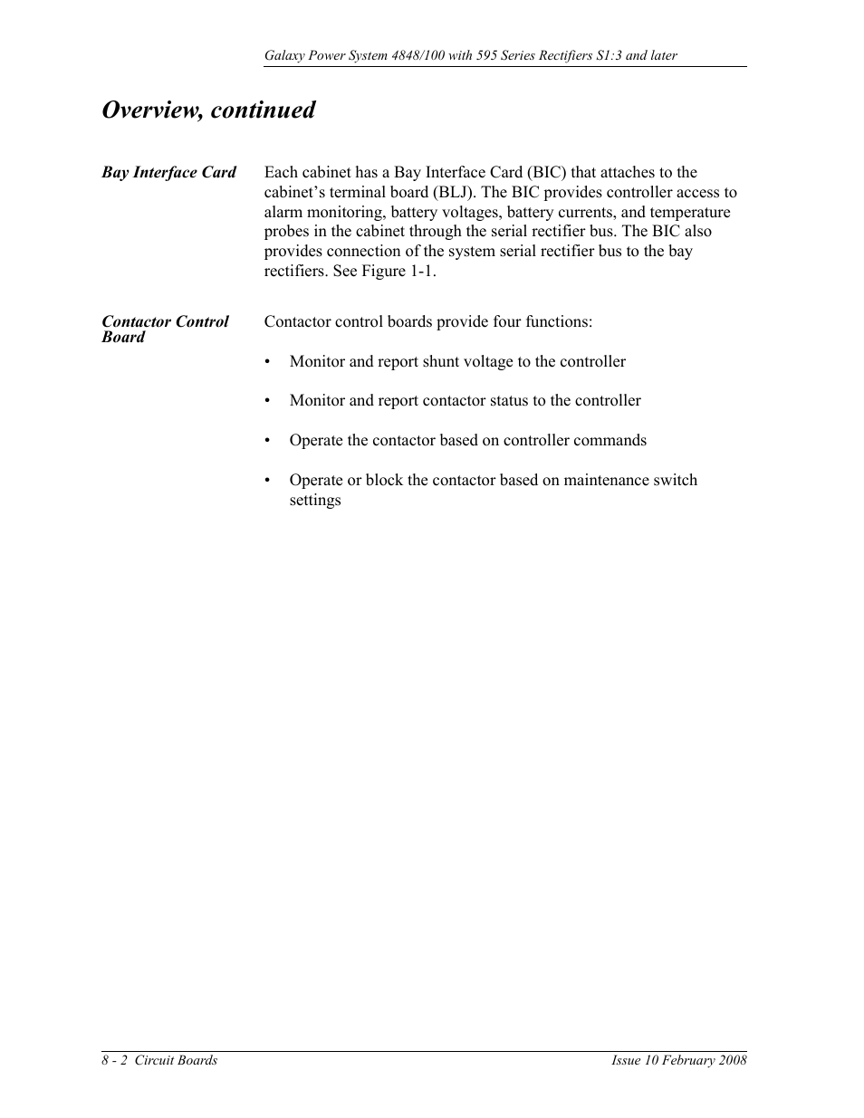 Bay interface card, Contactor control board, Overview, continued | GE Industrial Solutions GPS 4848_100 Users Guide (single rectifier shelf) User Manual | Page 54 / 106