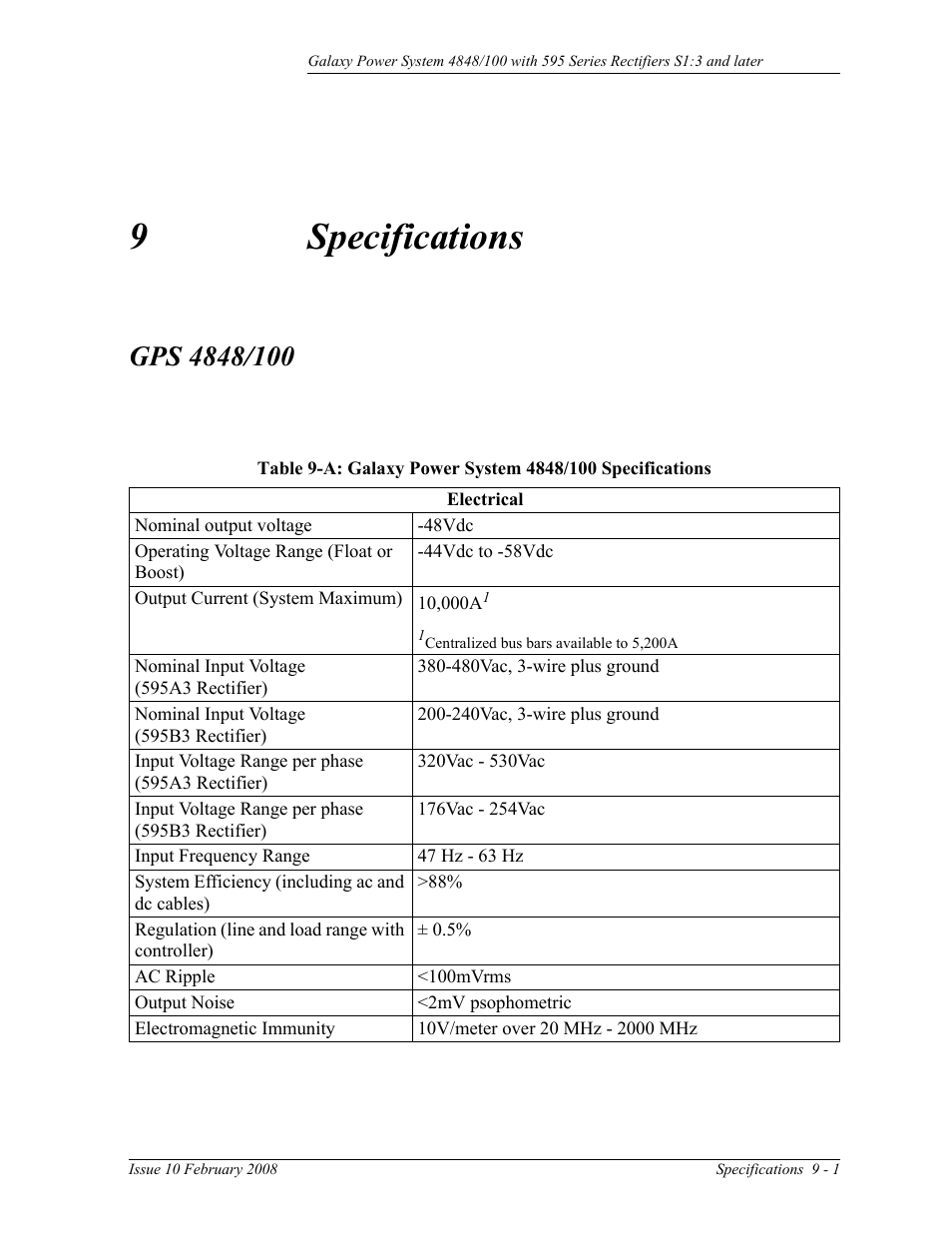 Specifications, Gps 4848/100, 9 specifications | 9specifications | GE Industrial Solutions GPS 4848_100 Users Guide (single rectifier shelf) User Manual | Page 55 / 106