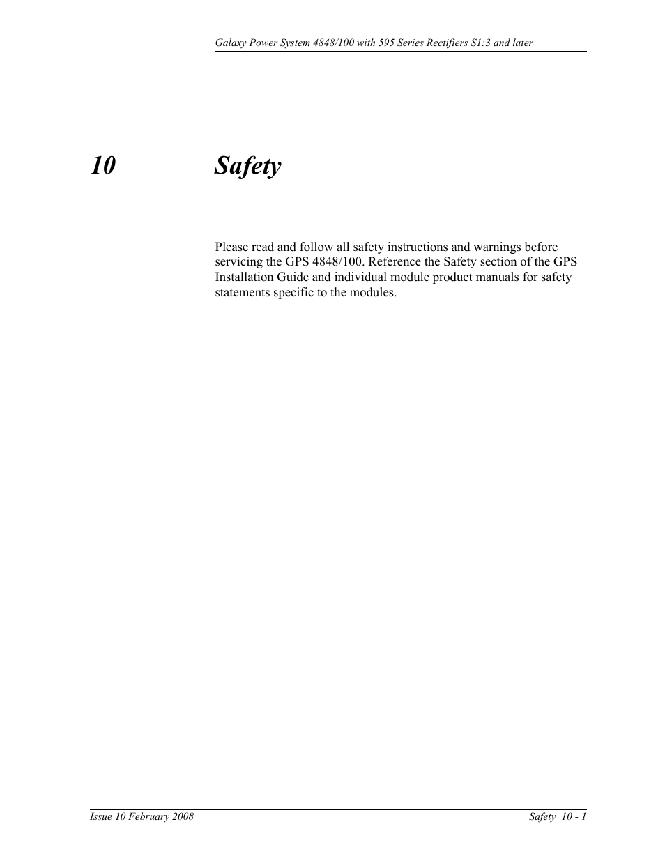Safety, 10 safety | GE Industrial Solutions GPS 4848_100 Users Guide (single rectifier shelf) User Manual | Page 63 / 106