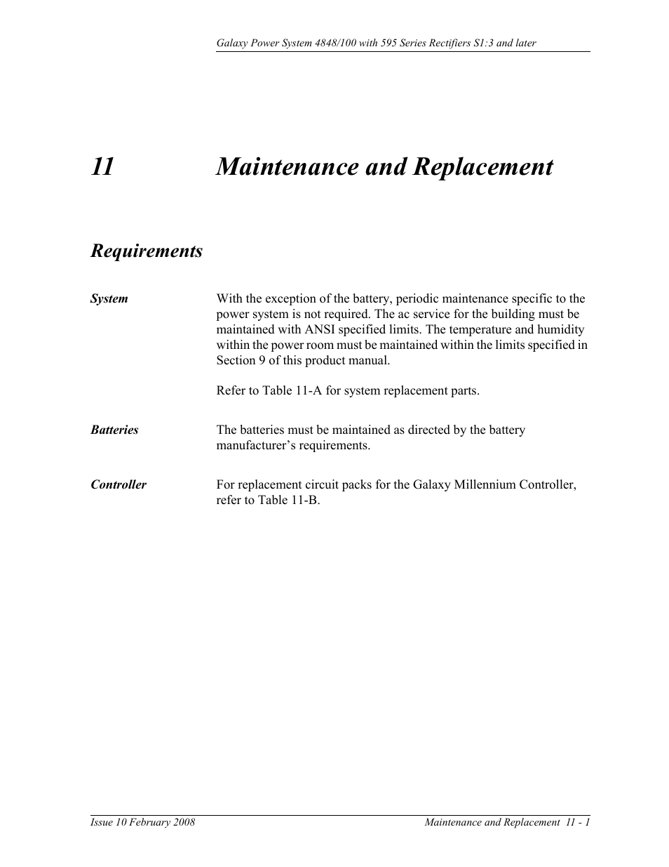 Maintenance and replacement, Requirements, System | Batteries, Controller, 11 maintenance and replacement, Requirements 11-1, System 11-1 batteries 11-1 controller 11-1 | GE Industrial Solutions GPS 4848_100 Users Guide (single rectifier shelf) User Manual | Page 65 / 106
