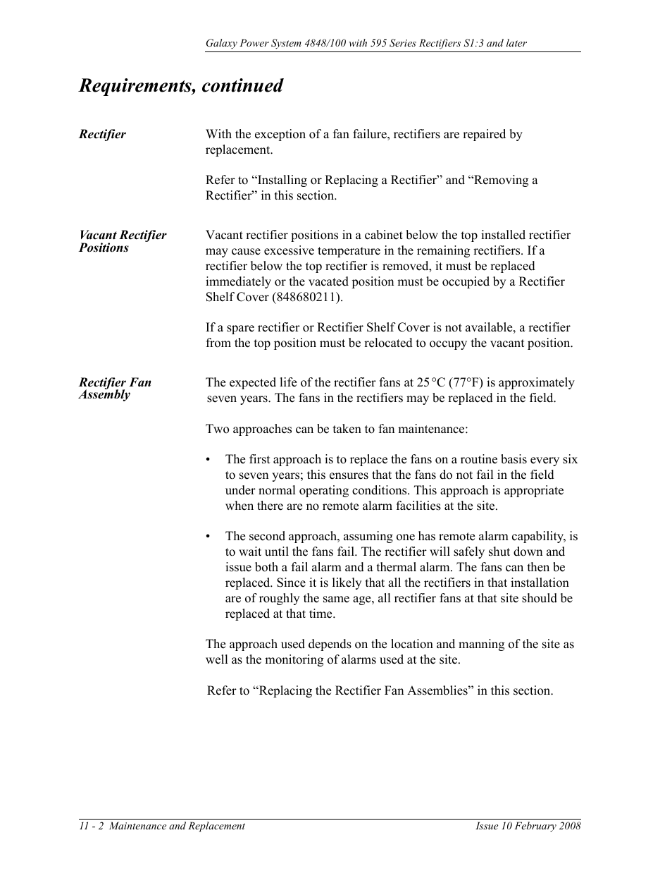 Rectifier, Vacant rectifier positions, Rectifier fan assembly | Rectifier 11-2 vacant rectifier positions, Requirements, continued | GE Industrial Solutions GPS 4848_100 Users Guide (single rectifier shelf) User Manual | Page 66 / 106