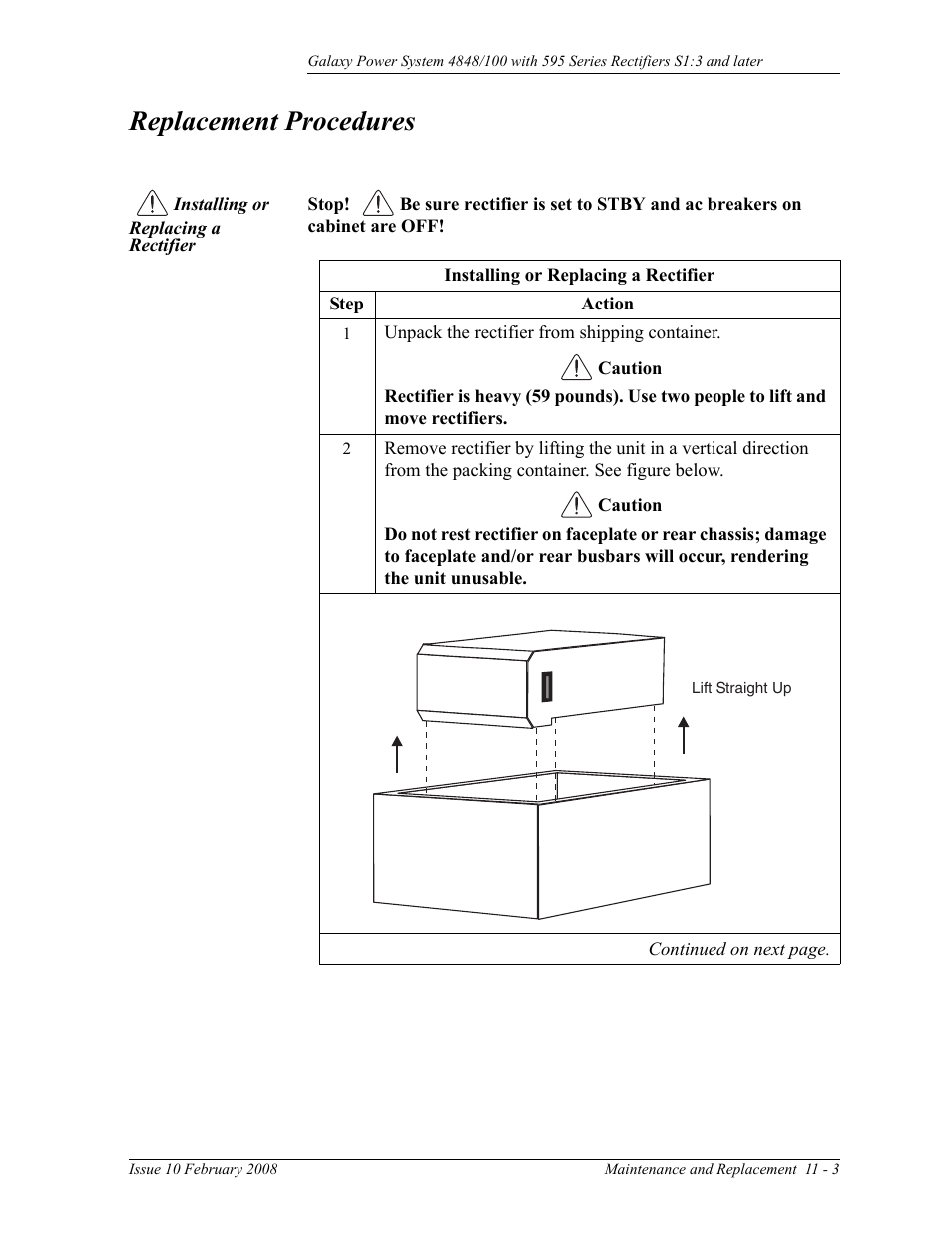 Replacement procedures, Installing or replacing a rectifier | GE Industrial Solutions GPS 4848_100 Users Guide (single rectifier shelf) User Manual | Page 67 / 106