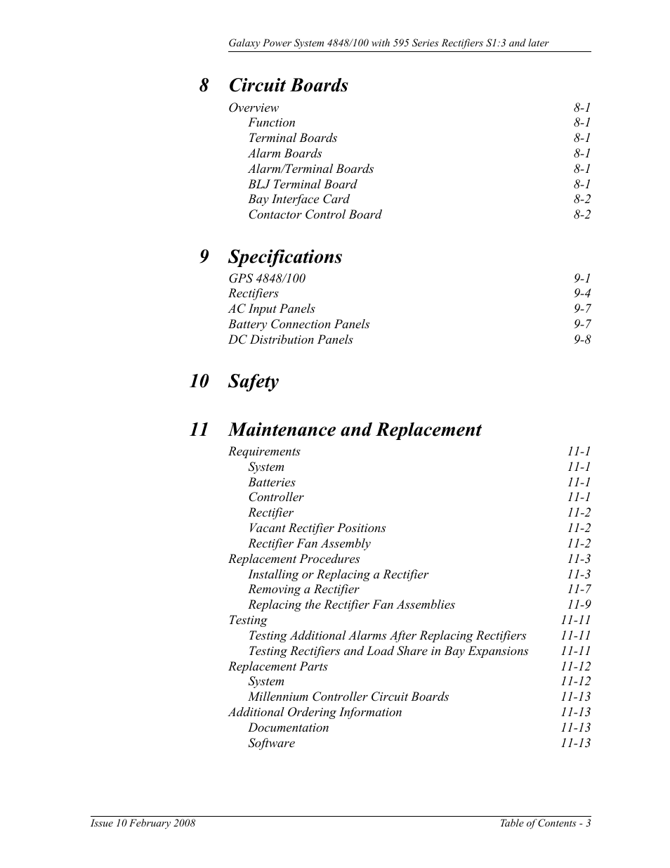 8 circuit boards, 9 specifications, 10 safety 11 maintenance and replacement | GE Industrial Solutions GPS 4848_100 Users Guide (single rectifier shelf) User Manual | Page 7 / 106