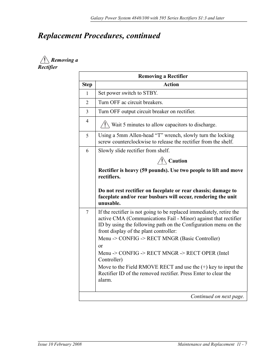 Removing a rectifier, Replacement procedures, continued | GE Industrial Solutions GPS 4848_100 Users Guide (single rectifier shelf) User Manual | Page 71 / 106