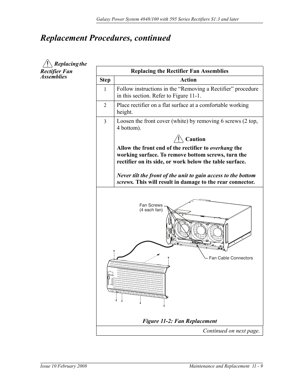 Replacing the rectifier fan assemblies, Figure 11-2: fan replacement, Replacement procedures, continued | GE Industrial Solutions GPS 4848_100 Users Guide (single rectifier shelf) User Manual | Page 73 / 106