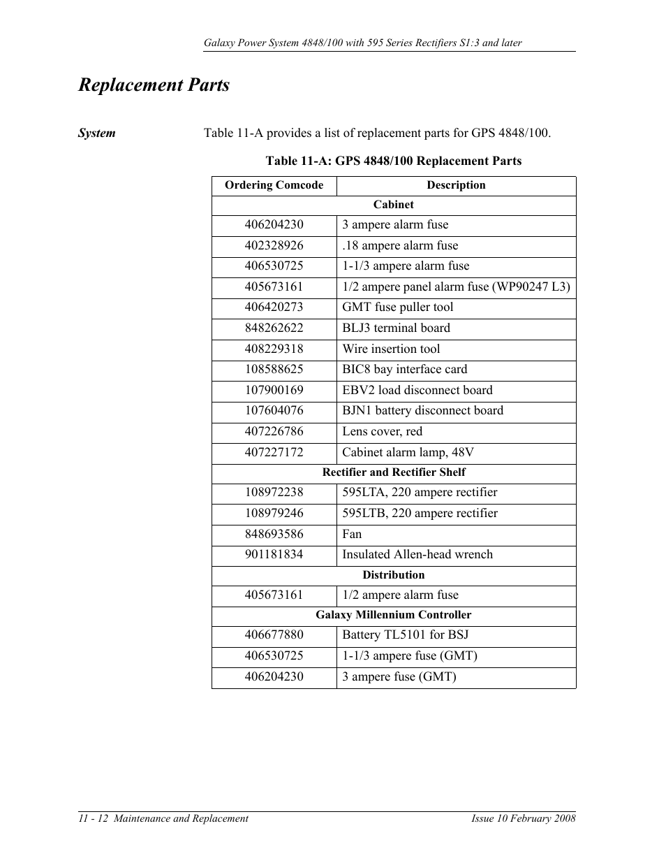Replacement parts, System, System 11-12 | Table 11-a: gps 4848/100 replacement parts | GE Industrial Solutions GPS 4848_100 Users Guide (single rectifier shelf) User Manual | Page 76 / 106
