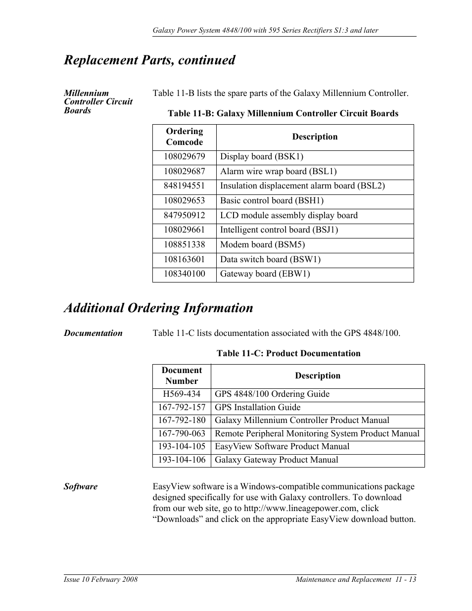 Millennium controller circuit boards, Additional ordering information, Documentation | Software, Documentation 11-13 software, Table 11-c: product documentation, Replacement parts, continued | GE Industrial Solutions GPS 4848_100 Users Guide (single rectifier shelf) User Manual | Page 77 / 106