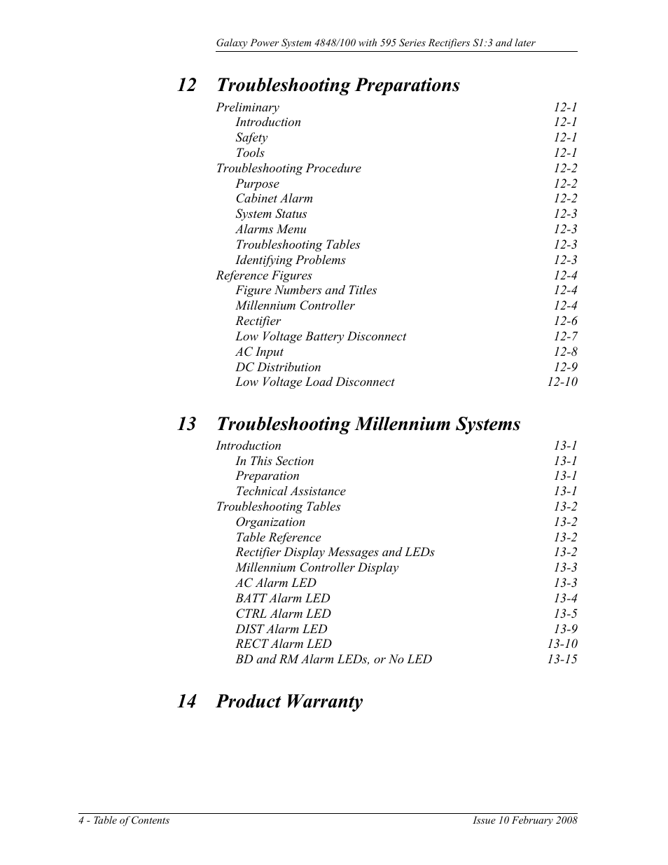 12 troubleshooting preparations, 13 troubleshooting millennium systems, 14 product warranty | GE Industrial Solutions GPS 4848_100 Users Guide (single rectifier shelf) User Manual | Page 8 / 106
