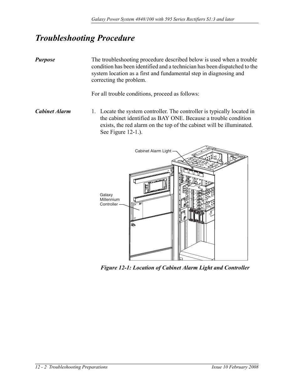 Troubleshooting procedure, Purpose, Cabinet alarm | Purpose 12-2 cabinet alarm, Figure 12-1: location of cabinet alarm light and, Controller | GE Industrial Solutions GPS 4848_100 Users Guide (single rectifier shelf) User Manual | Page 80 / 106