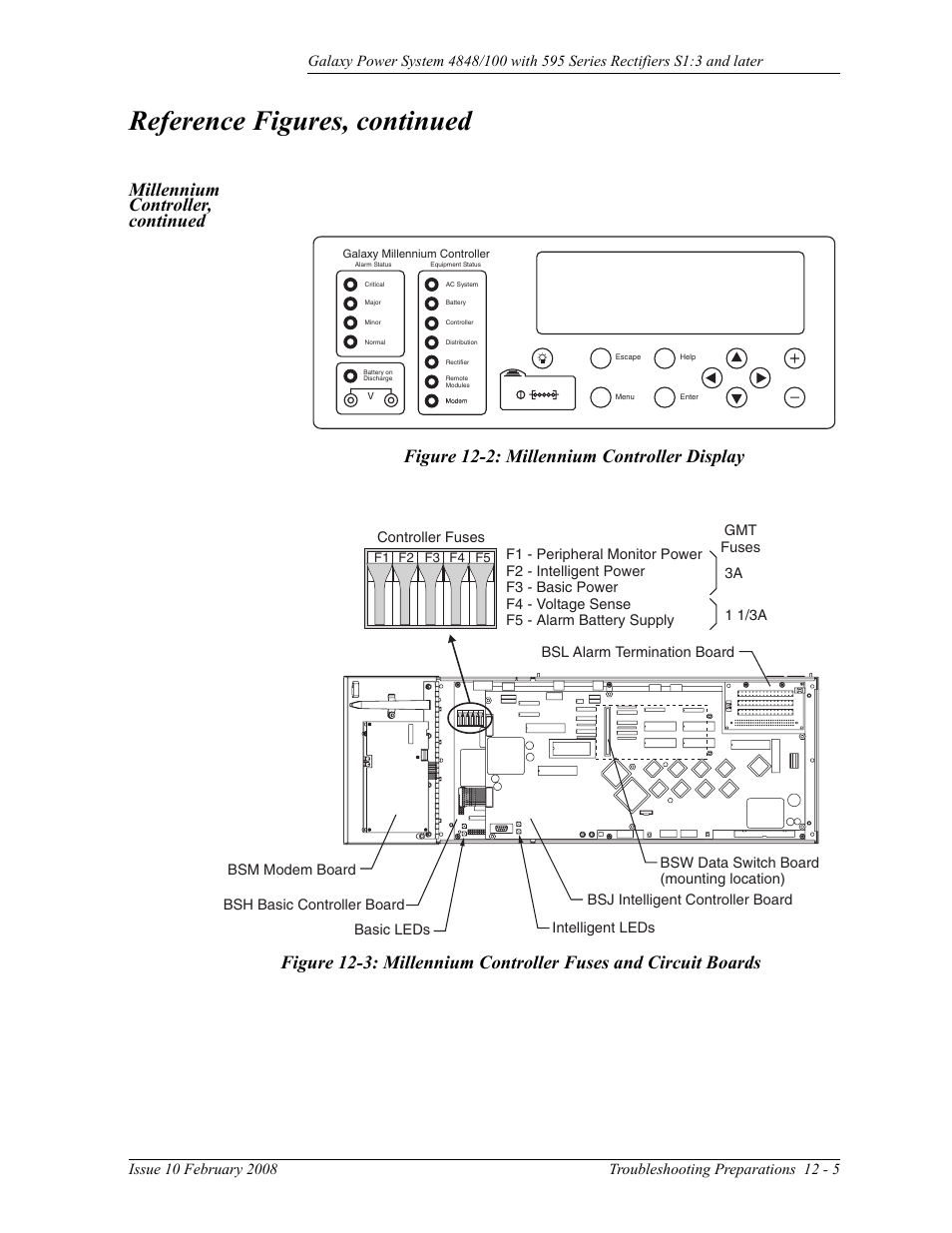 Figure 12-2: millennium controller display, Figure 12-3: millennium controller fuses and, Circuit boards | Reference figures, continued | GE Industrial Solutions GPS 4848_100 Users Guide (single rectifier shelf) User Manual | Page 83 / 106