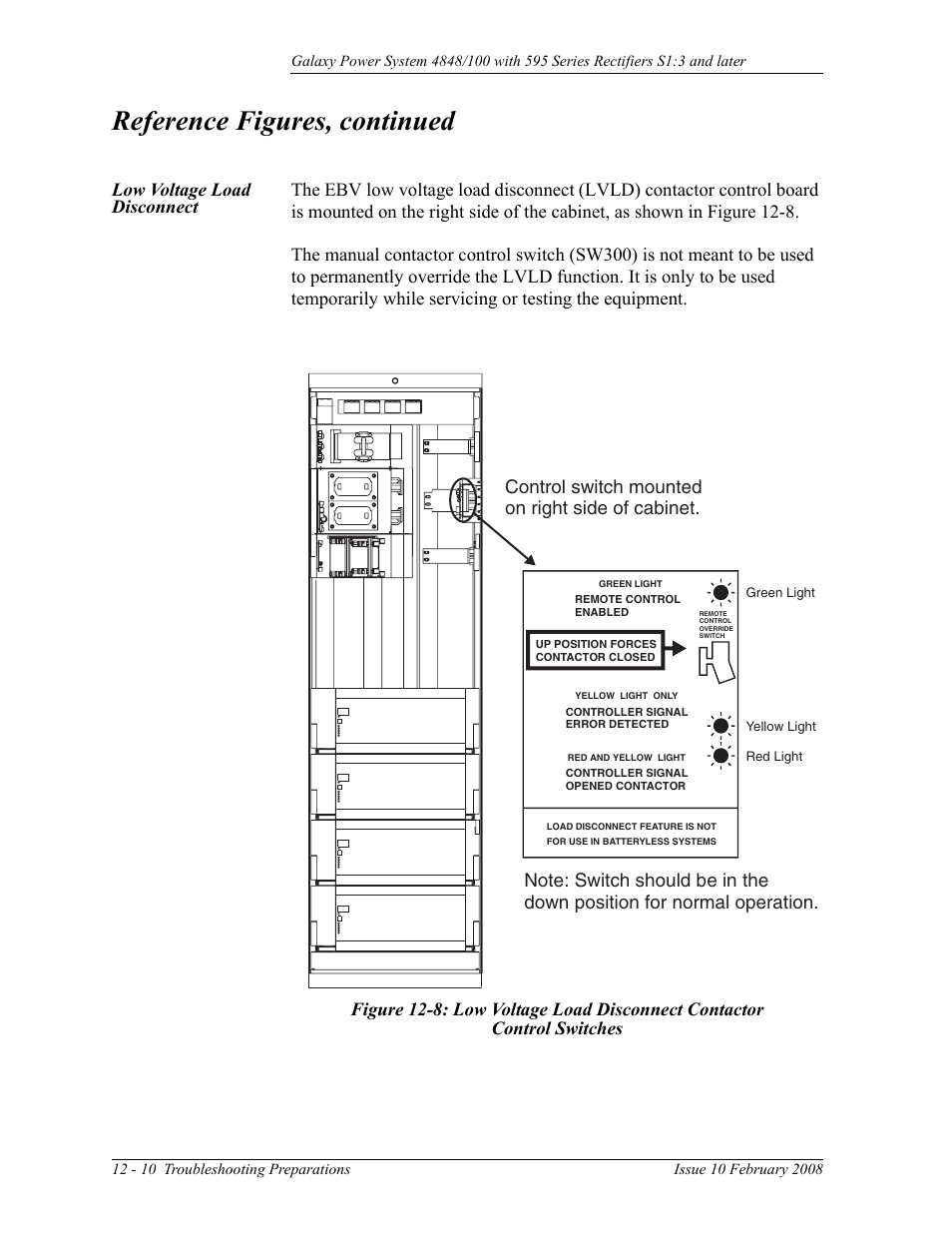 Low voltage load disconnect, Figure 12-8: low voltage load disconnect contactor, Control switches | Reference figures, continued, Control switch mounted on right side of cabinet | GE Industrial Solutions GPS 4848_100 Users Guide (single rectifier shelf) User Manual | Page 88 / 106