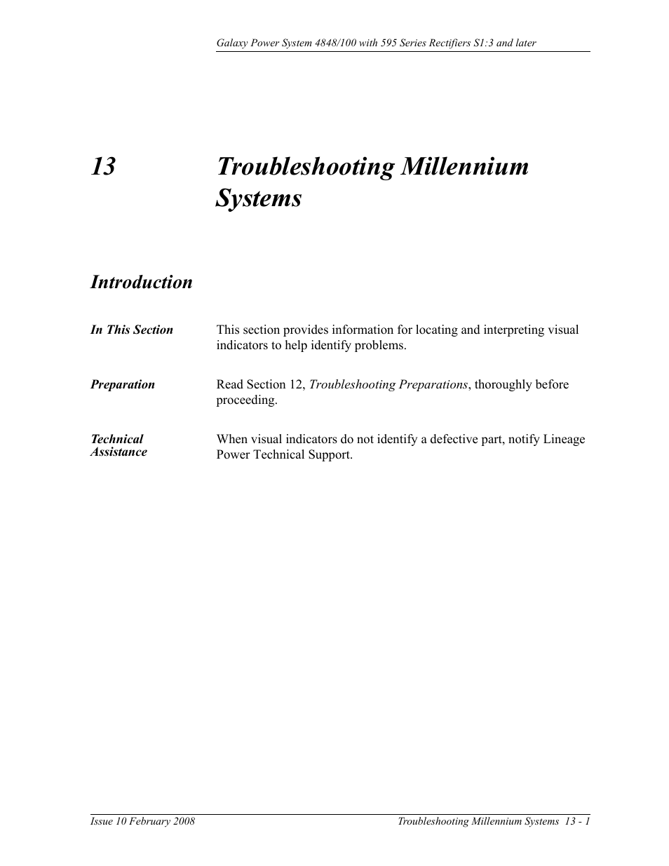Troubleshooting millennium systems, Introduction, In this section | Preparation, Technical assistance, 13 troubleshooting millennium systems, Introduction 13-1, Preparation 13-1 technical assistance | GE Industrial Solutions GPS 4848_100 Users Guide (single rectifier shelf) User Manual | Page 89 / 106