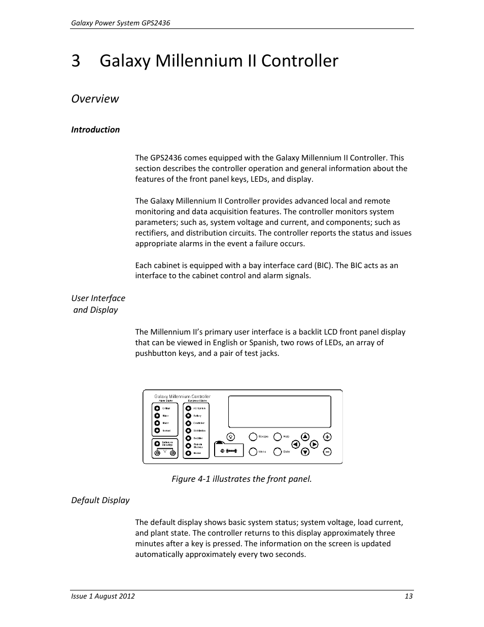 3 galaxy millennium ii controller, Overview, User interface | And display, Default display, Galaxy millennium ii controller | GE Industrial Solutions GPS2436 User Manual | Page 13 / 97