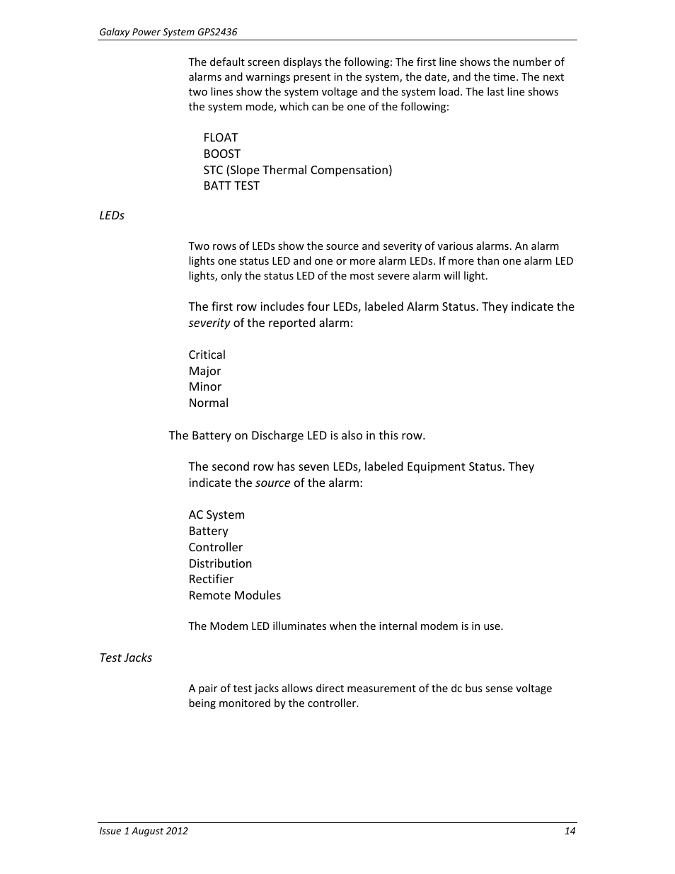 Leds, Test jacks | GE Industrial Solutions GPS2436 User Manual | Page 14 / 97