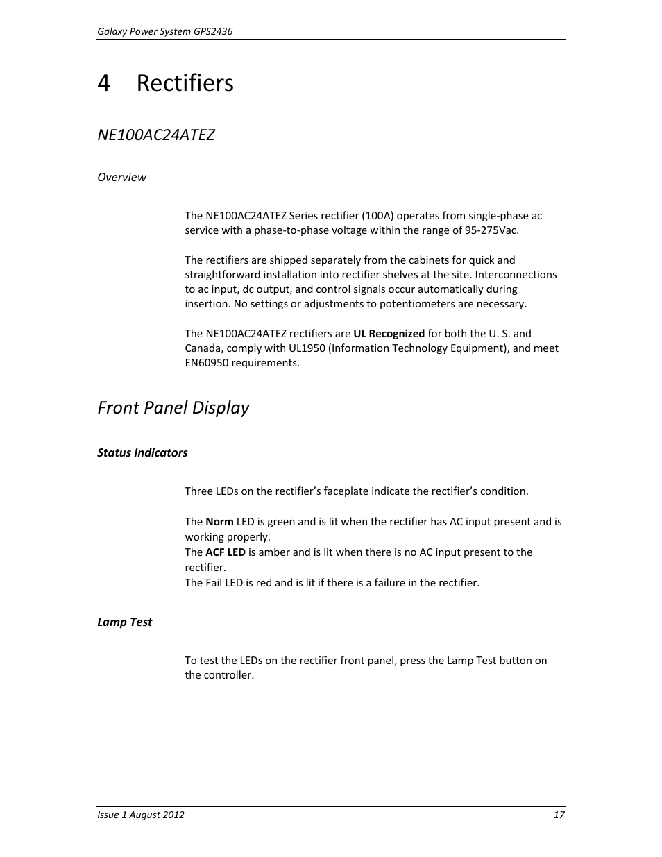 4 rectifiers, Ne100ac24atez, Rectifiers | Front panel display | GE Industrial Solutions GPS2436 User Manual | Page 17 / 97