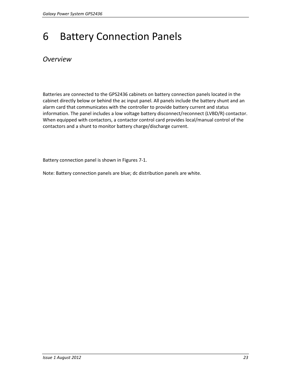 6 battery connection panels, Overview, Battery connection panels | GE Industrial Solutions GPS2436 User Manual | Page 23 / 97