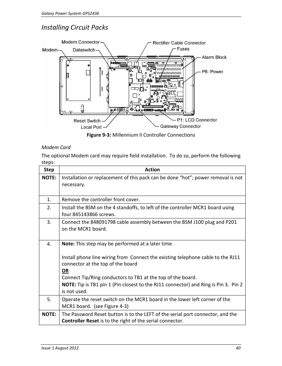 Installing circuit packs, Modem card | GE Industrial Solutions GPS2436 User Manual | Page 40 / 97