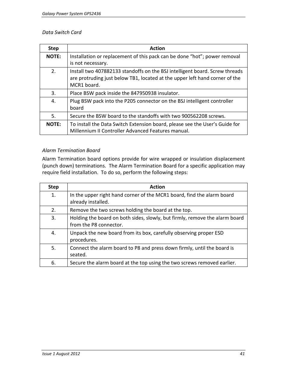 Data switch card, Alarm termination board | GE Industrial Solutions GPS2436 User Manual | Page 41 / 97