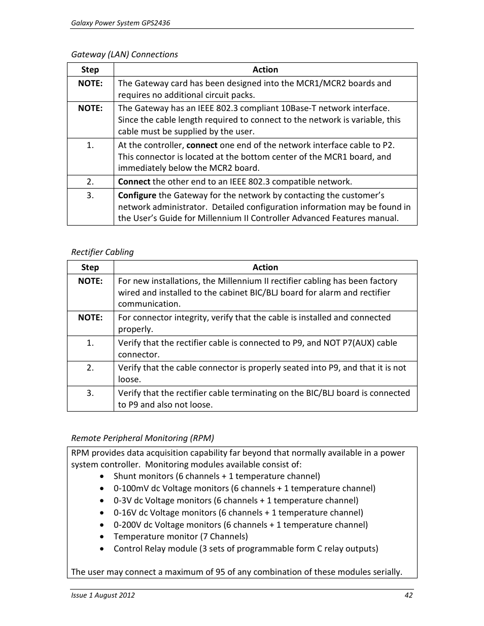 Gateway (lan) connections, Rectifier cabling, Remote peripheral monitoring (rpm) | GE Industrial Solutions GPS2436 User Manual | Page 42 / 97