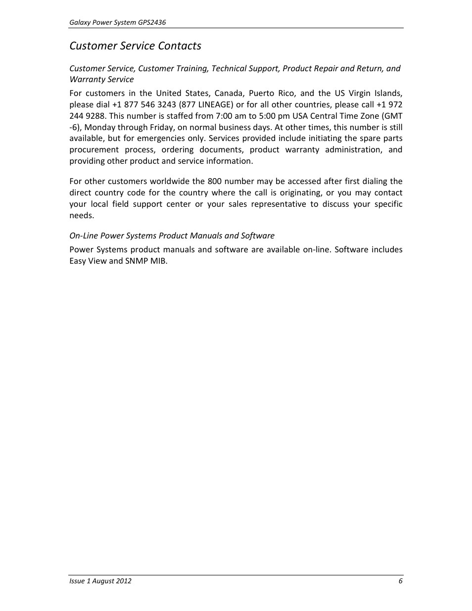 Customer service contacts, On-line power systems product manuals and software | GE Industrial Solutions GPS2436 User Manual | Page 6 / 97